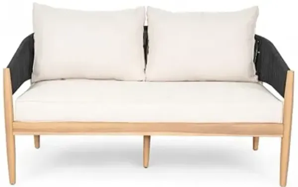 Christopher Knight Home Katarina Patio Acacia Wood Loveseat Furniture, Outdoor Loveseat Sofa with Comfy Fabric Cushions, 2-Seater Sofa with Handwoven Rope Backrest for Garden/Backyard, Black+Beige