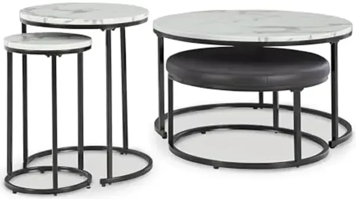 Signature Design by Ashley Jusmour Modern Nesting Table Set with Faux Leather Upholstered Ottoman, Set of 4, Black & White
