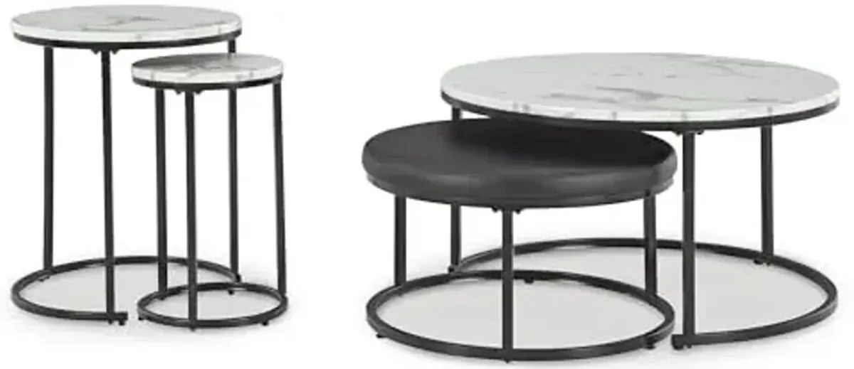 Signature Design by Ashley Jusmour Modern Nesting Table Set with Faux Leather Upholstered Ottoman, Set of 4, Black & White