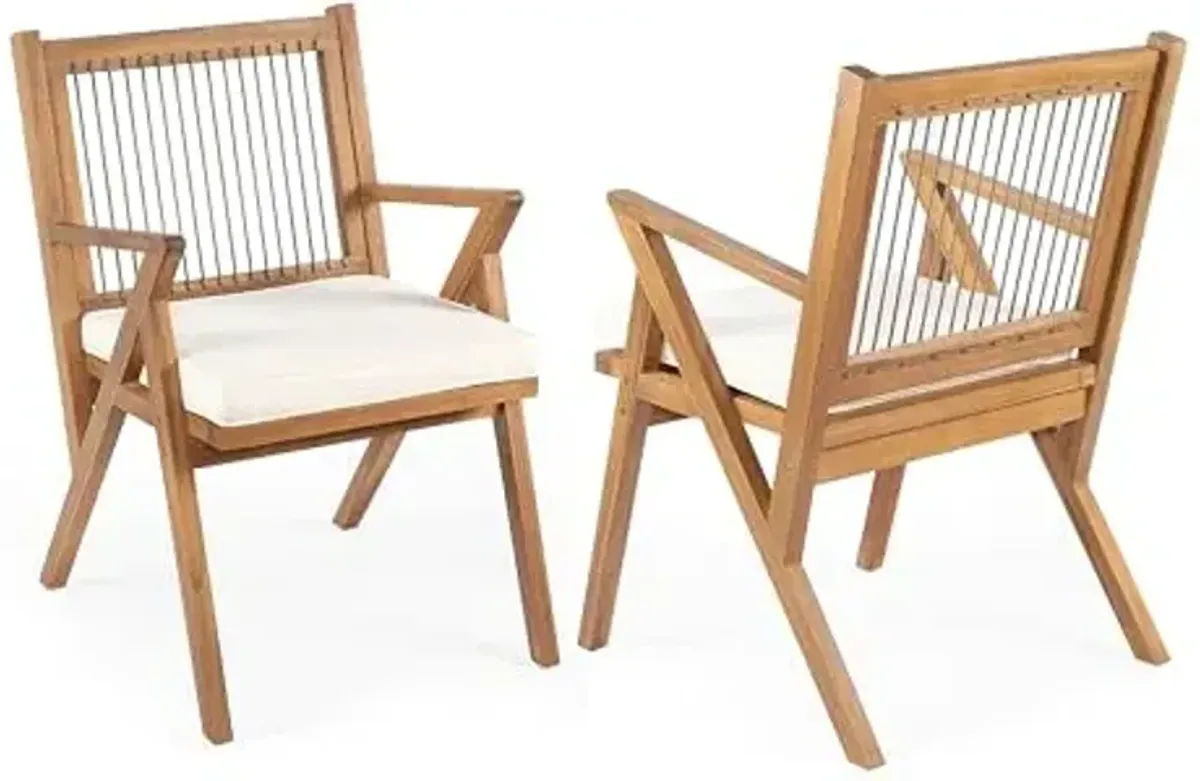 Christopher Knight Home Becker Outdoor Dining Chairs Set of 2 with Cushion, Acacia Wood Dining Room Armchair Set, Garden Chair Set with Handwoven Accent, Patio Dinners Comfy Extra Seat, Cream + Teak