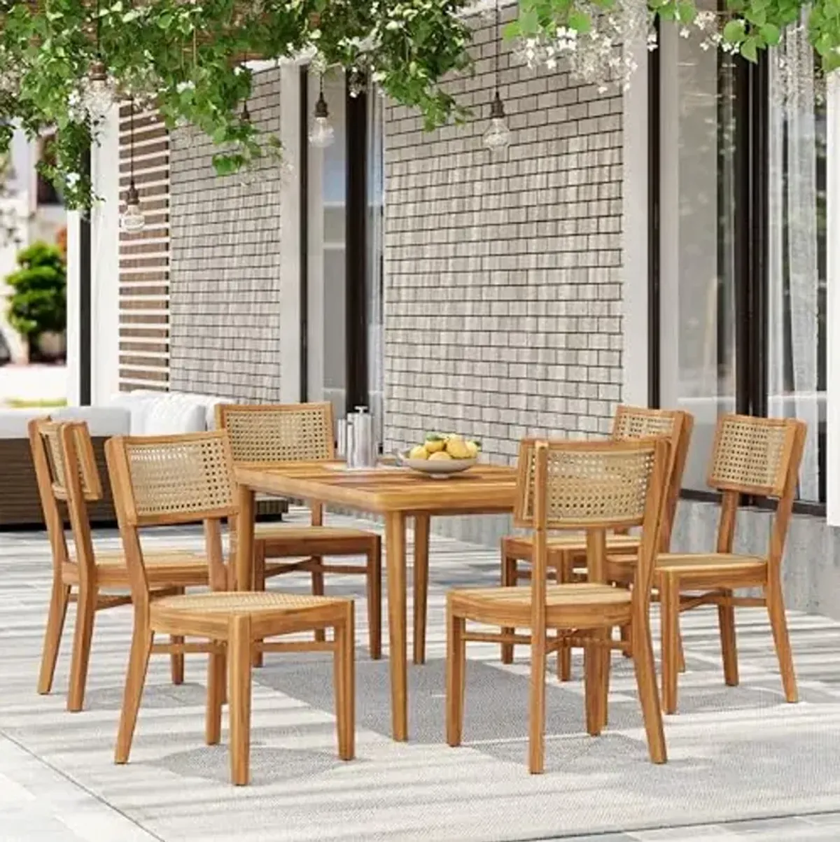 Christopher Knight Home Zeka Acacia Wood Outdoor Dining Set for 6 People, Rectangular Table & Dinner Chairs with Rattan Accent for Backyard, 7 Piece Outdoor Patio Furniture Set, Light Brown + Teak