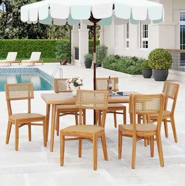 Christopher Knight Home Zeka Acacia Wood Outdoor Dining Set for 6 People, Rectangular Table & Dinner Chairs with Rattan Accent for Backyard, 7 Piece Outdoor Patio Furniture Set, Light Brown + Teak