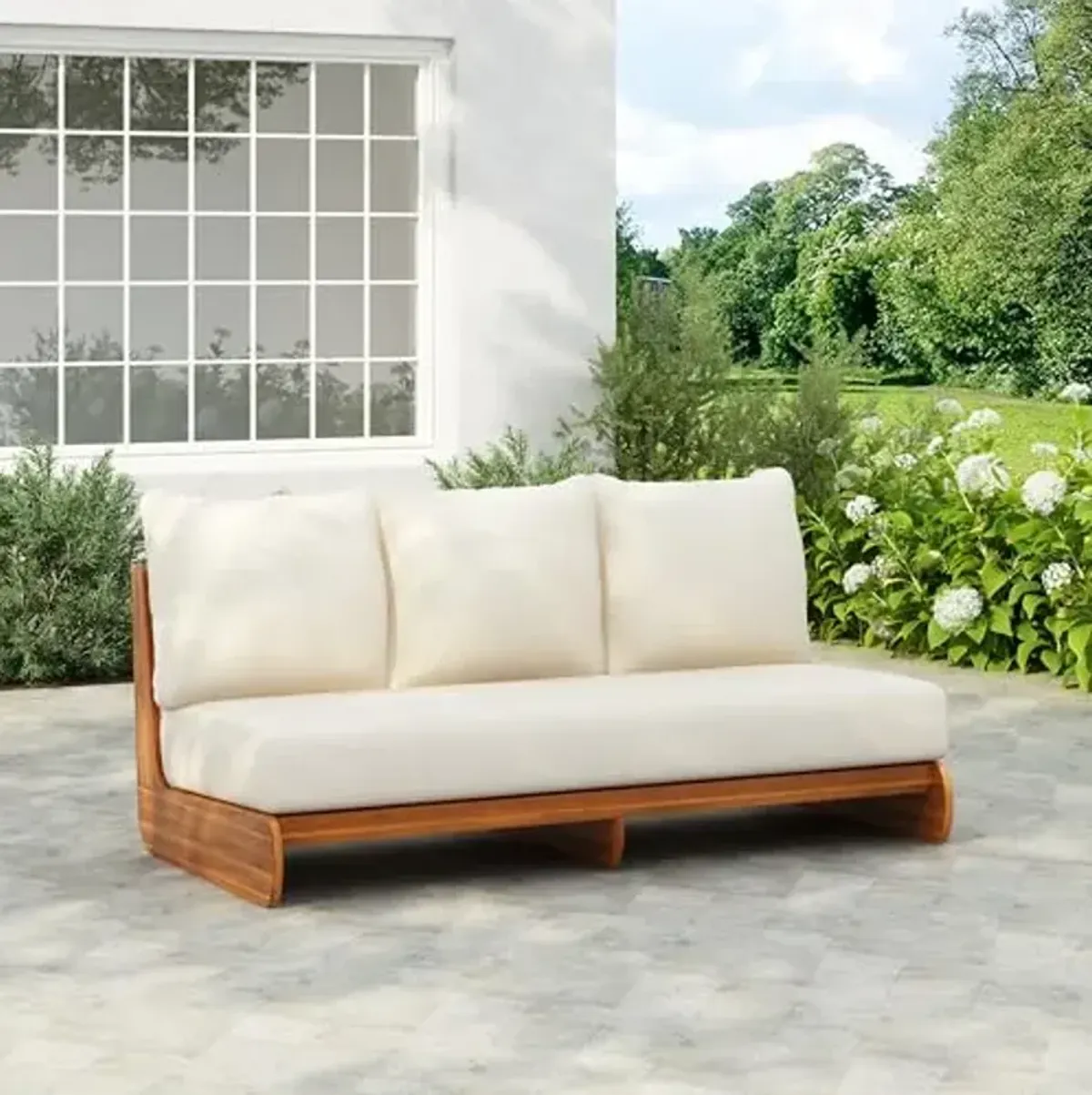 Christopher Knight Home Poppy Acacia Wood Outdoor 3 Seater Sofa with Cushion, Wooden Patio Sofa Couch with Cushion, Comfy Armless Cloud Sofa Couch, Patio Furniture Sofa Set, Teak+Beige