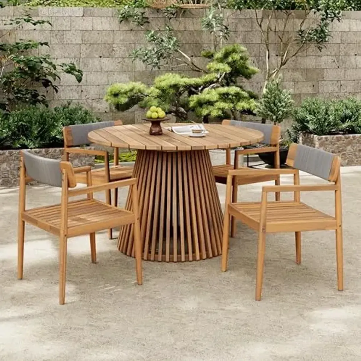 Christopher Knight Home Beryl 5 Pieces Acacia Wood Outdoor Patio Furniture Set, Patio Dining Table Set for 4, Slatted Design Dining Table and 4 Armchairs for Garden Backyard, Light Teak + Grey