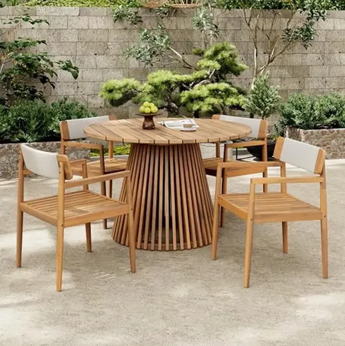 Christopher Knight Home Beryl 5 Pieces Acacia Wood Outdoor Patio Furniture Set, Patio Dining Table Set for 4, Slatted Design Dining Table and 4 Armchairs for Garden Backyard, Light Teak + White