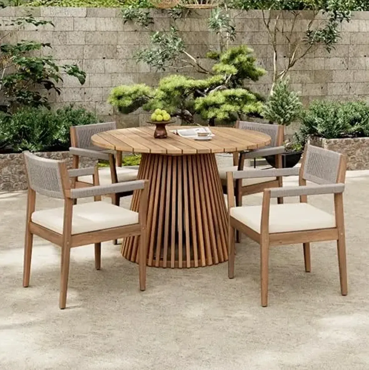 Christopher Knight Home Poby Acacia Wood Round Dining Table Set for 4, Outdoor Dining Set and Armchairs with Cushions + Handwoven Rope, 5 Pieces Outdoor Patio Furniture Set, Light Teak+Beige+Cream