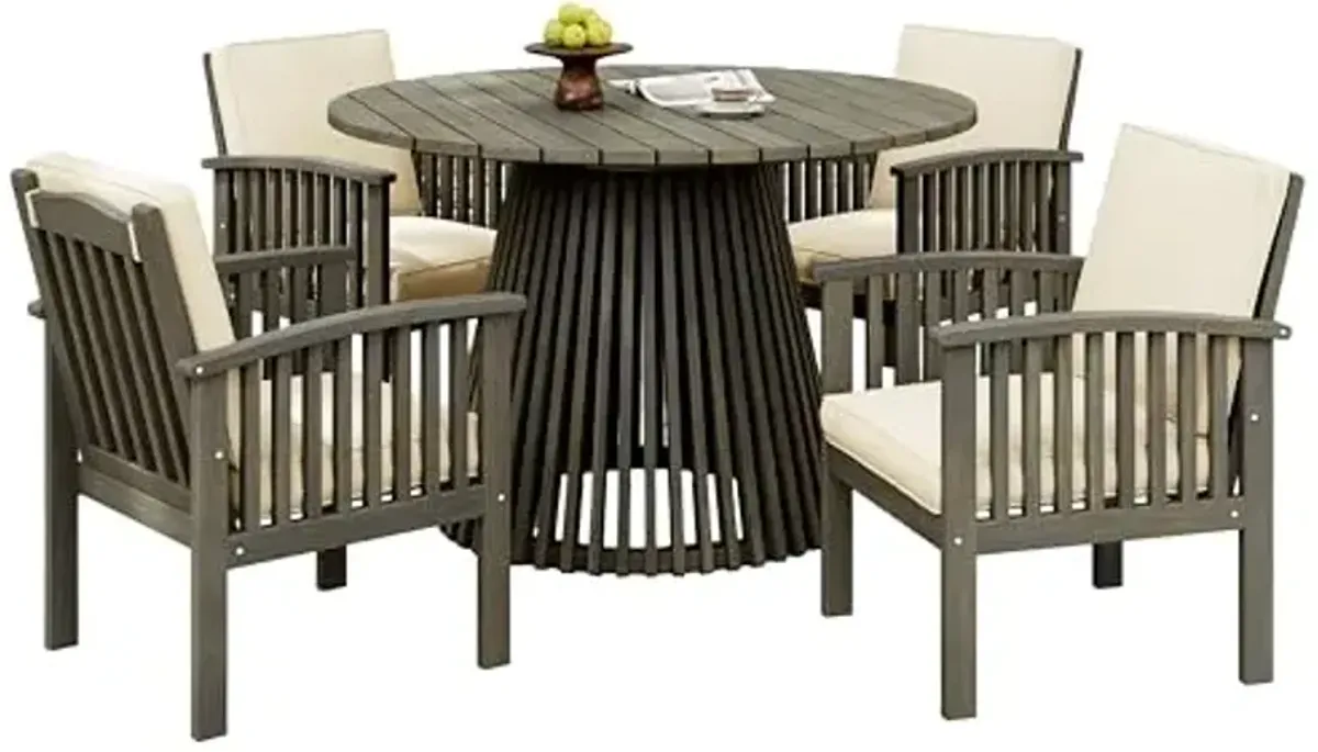 Christopher Knight Home Lyn Patio Dining Table Set for 4, Acacia Wood Outdoor Patio Furniture Set, Round Dining Table and 4 Dining Chairs with Cushion for Garden Backyard Balcony, Cream + Grey
