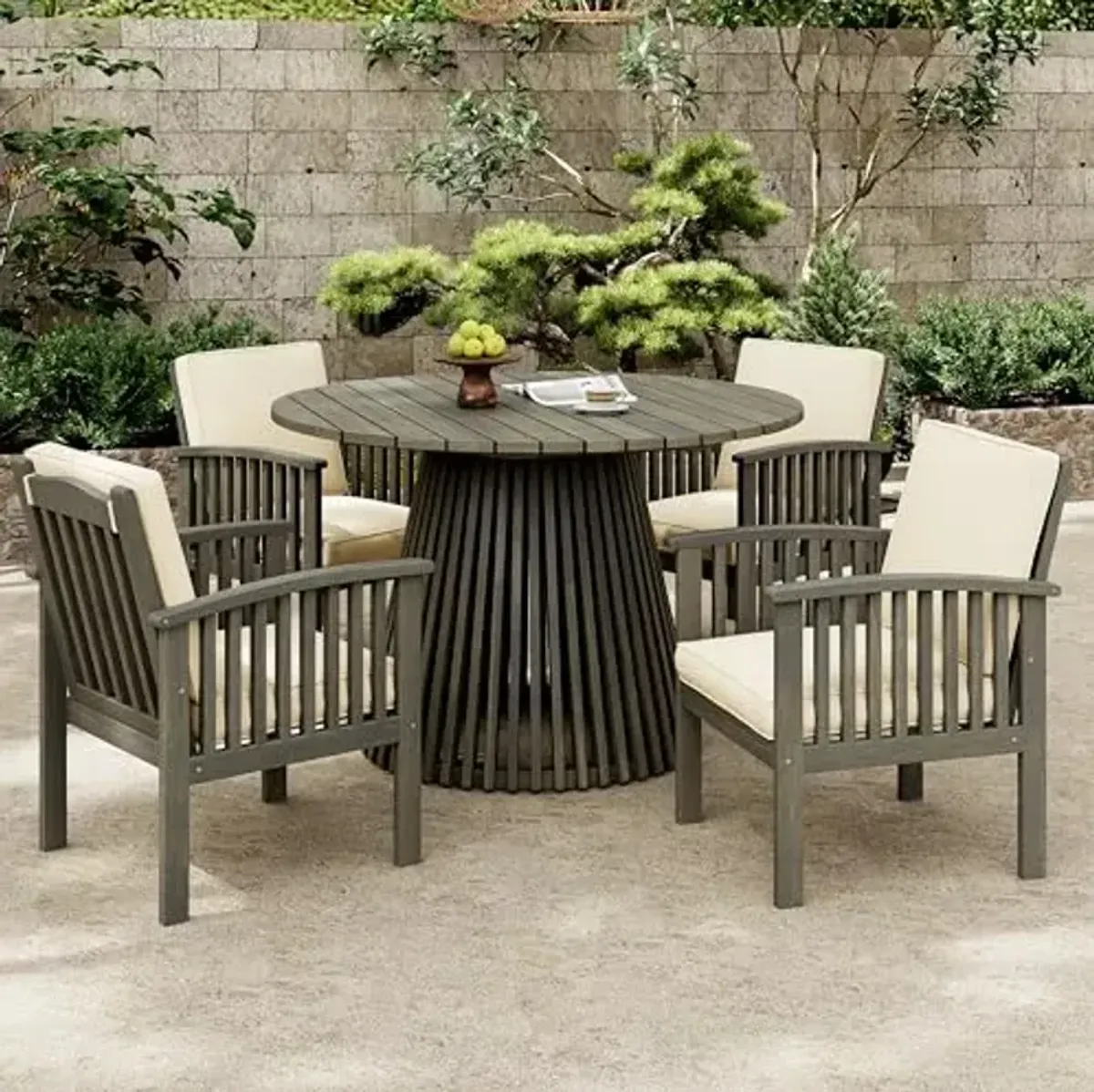 Christopher Knight Home Lyn Patio Dining Table Set for 4, Acacia Wood Outdoor Patio Furniture Set, Round Dining Table and 4 Dining Chairs with Cushion for Garden Backyard Balcony, Cream + Grey
