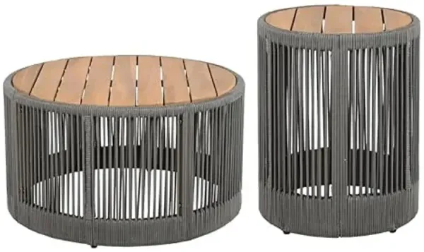 Christopher Knight Home Peyz Acacia Wood Outdoor Side Table Set of 2 with Woven Rope Design, Patio Round Coffee Table Set with Small Side Desk, Functionality Stylish 2 Tables for Garden, Teak + Grey