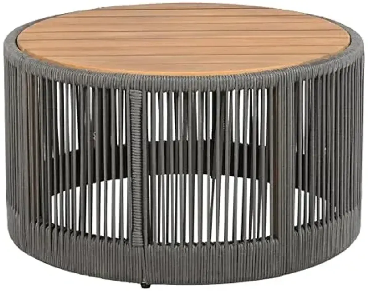 Christopher Knight Home Peyz Acacia Wood Outdoor Side Table Set of 2 with Woven Rope Design, Patio Round Coffee Table Set with Small Side Desk, Functionality Stylish 2 Tables for Garden, Teak + Grey