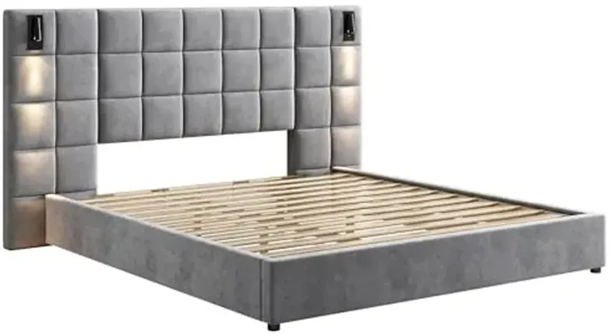 Christopher Knight Home Svens 46" High Headboard Bed, King Size Platform Bed Frame, Soft Velvet Upholstered California King Bed Frame, Square Pattern Design with Reading Lamps and USB Ports, Grey