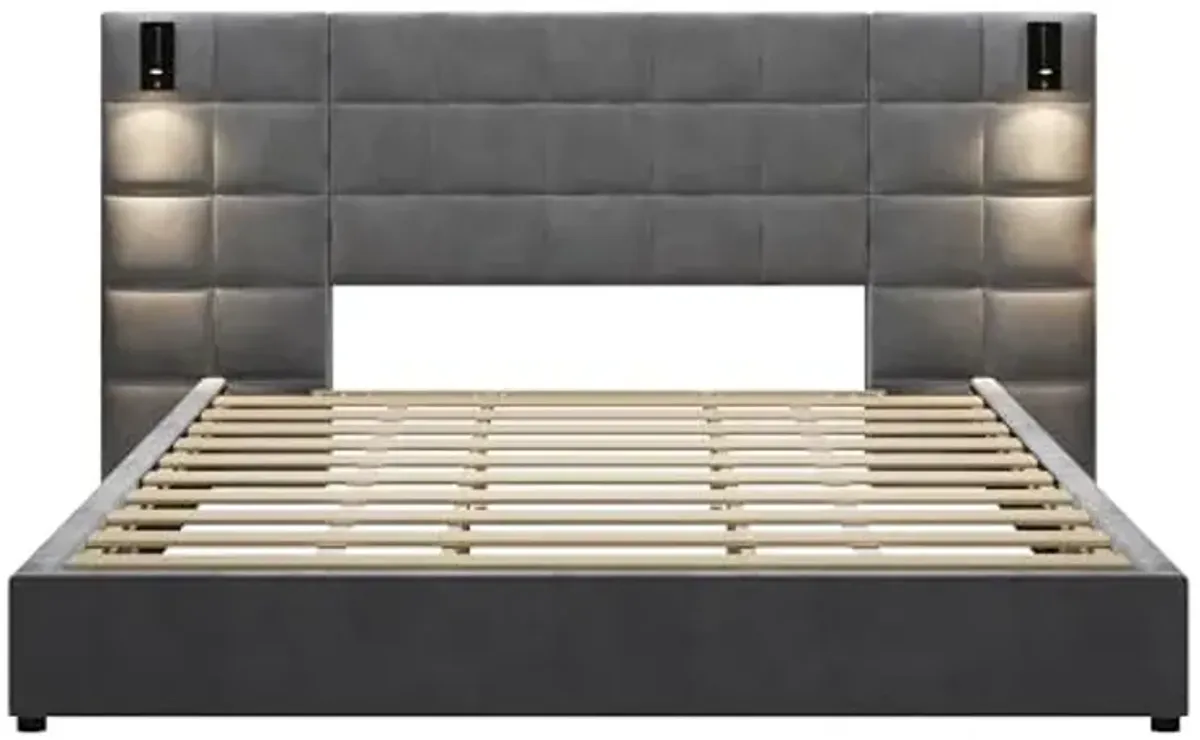 Christopher Knight Home Svens 46" High Headboard Bed, King Size Platform Bed Frame, Soft Velvet Upholstered California King Bed Frame, Square Pattern Design with Reading Lamps and USB Ports, Grey