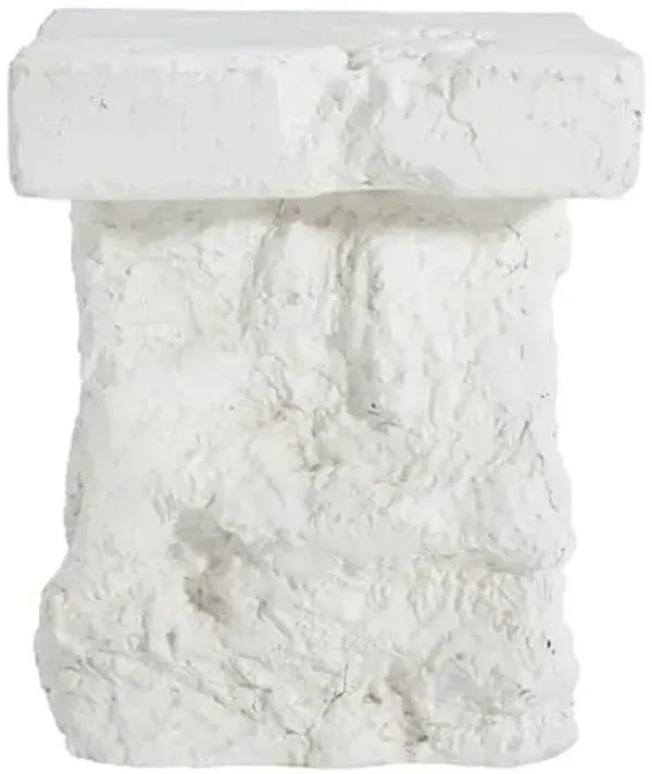 Christopher Knight Home Nataly 18.75" H Small Outdoor Side Table, Carved Garden Stool with Stone Block Shape, Lightweight Concrete End Table, Patio Decorative Home Stool for Balcony Backyard, White