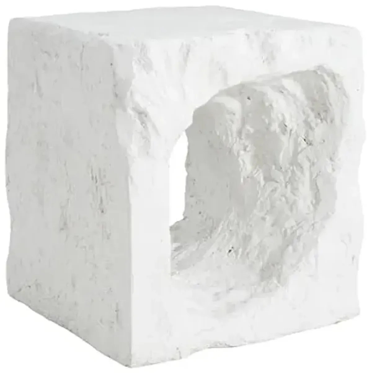 Christopher Knight Home Nataly 17.85" H Small Outdoor Side Table, Cubic Carved Garden Stool with Swirl Patterns, Lightweight Concrete End Table, Patio Decorative Home Stool for Balcony Backyard, White