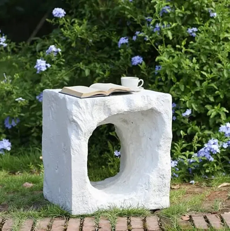Christopher Knight Home Nataly 17.85" H Small Outdoor Side Table, Cubic Carved Garden Stool with Swirl Patterns, Lightweight Concrete End Table, Patio Decorative Home Stool for Balcony Backyard, White