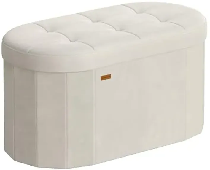 SONGMICS Mazie Collection - Folding Ottoman with Storage, Oval Storage Ottoman Bench, for Living Room, Bedroom, Velvet Fabric, 15 x 30 x 15 Inches, Cream White ULSF267LH01