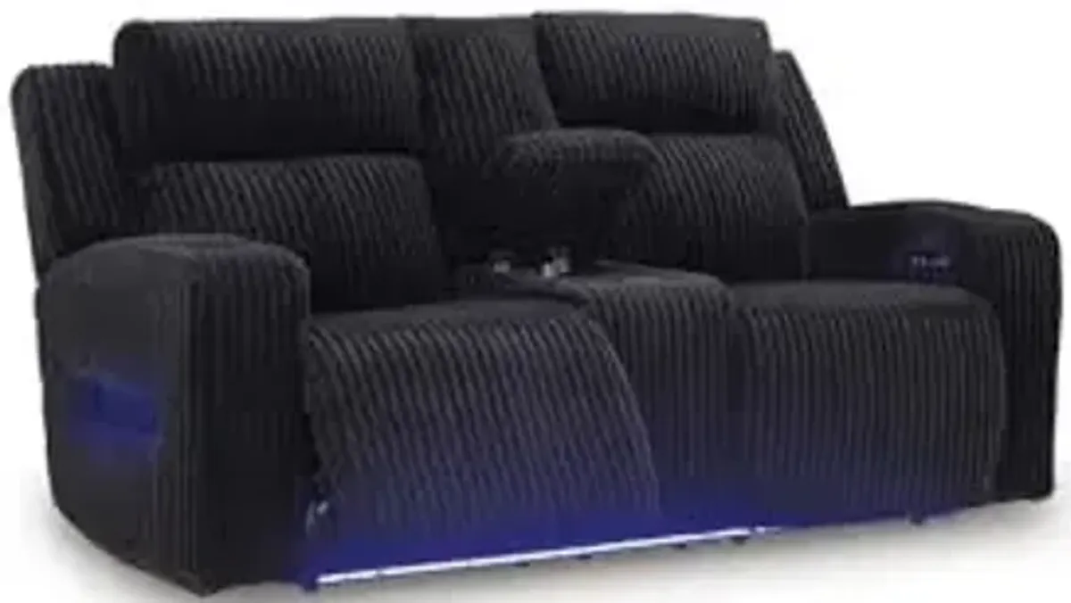 Signature Design by Ashley Broad Cove Modern Power Reclining Loveseat with Console, Adjustable Headrest and LED Lights, Black