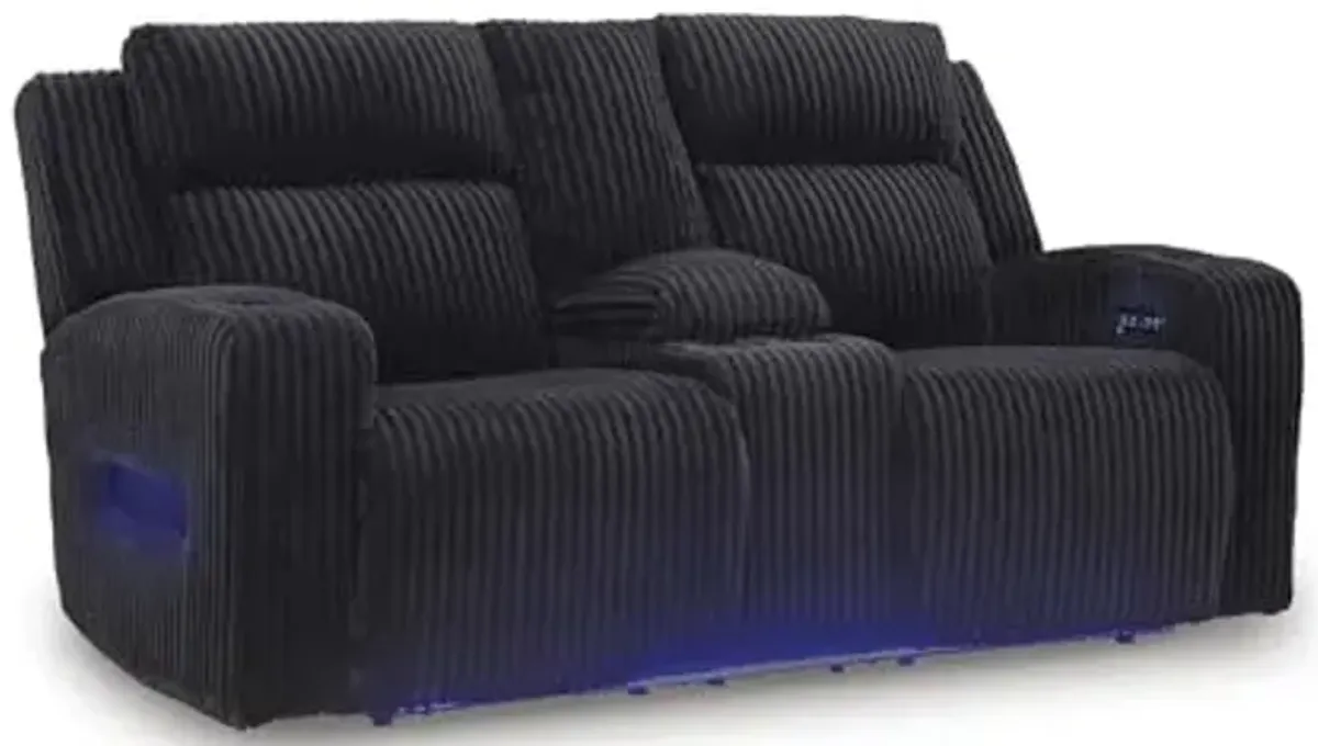 Signature Design by Ashley Broad Cove Modern Power Reclining Loveseat with Console, Adjustable Headrest and LED Lights, Black