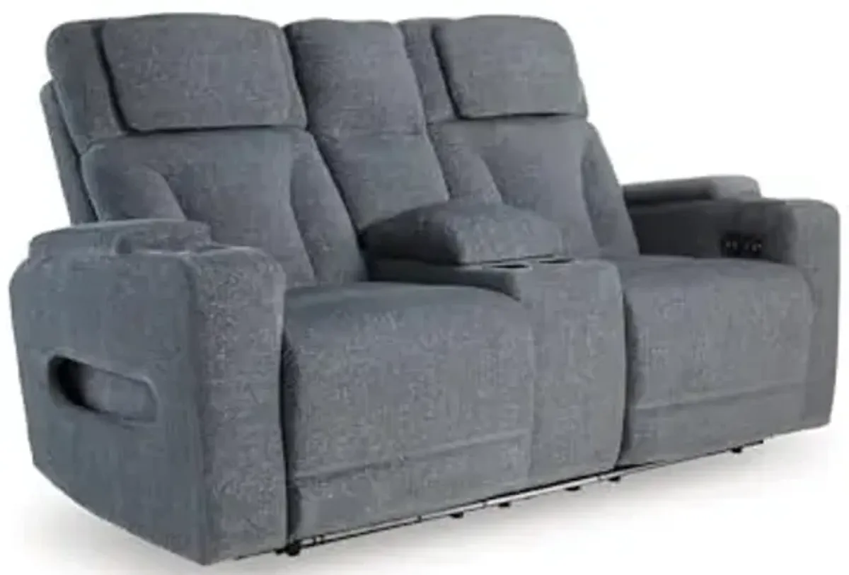 Signature Design by Ashley RiverTest Stain Resistant Next-Gen Modern Power Reclining Loveseat with Console, LED Lights, Adjustable Headrest and USB Ports, Gray