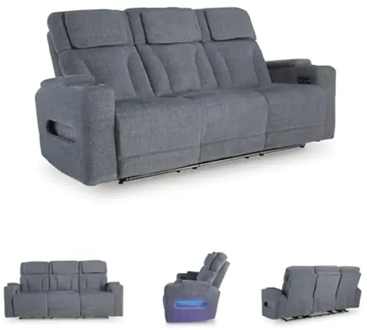 Signature Design by Ashley RiverTest Stain Resistant Next-Gen Modern Power Reclining Sofa with Drop Down Table, LED Lights, Adjustable Headrest and USB Ports, Gray