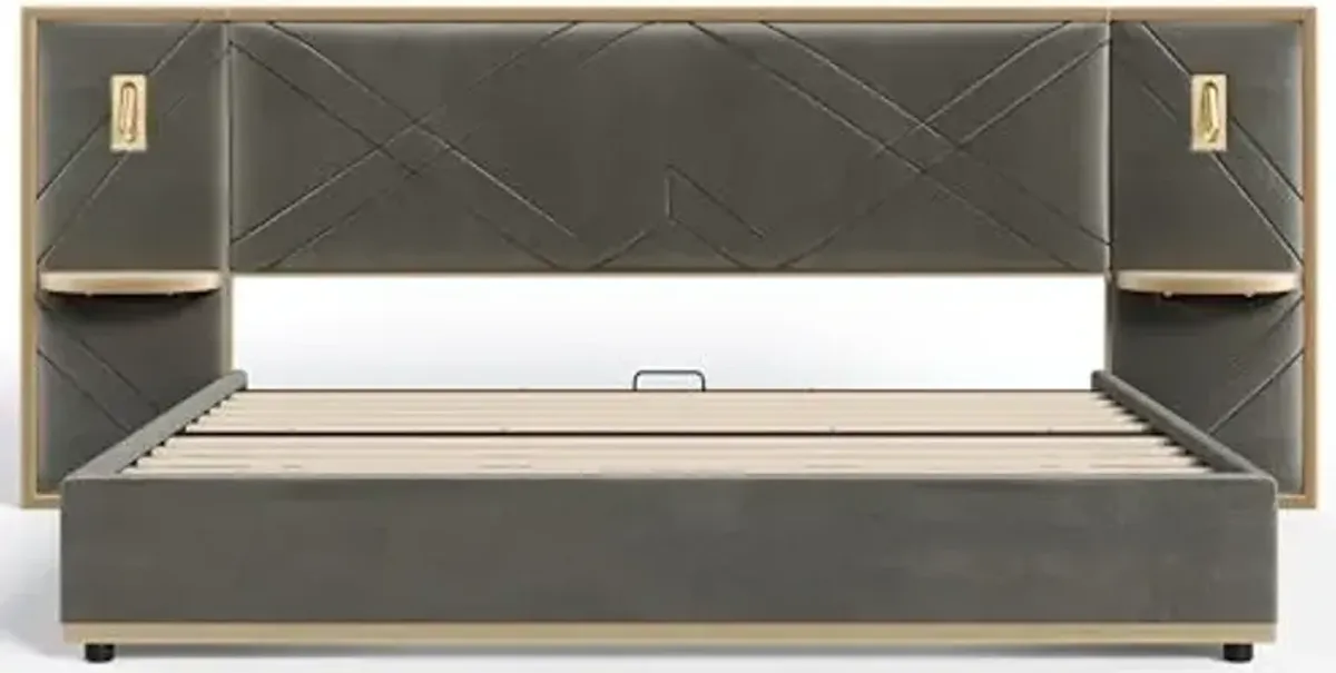 Christopher Knight Home Harley Upholstered King Size Bed Frame with LED Lights and Side Panels, Velvet Bed Frame King Size with Headboard, Wooden Slats, Easy Assembly, No Box Spring Needed, Grey