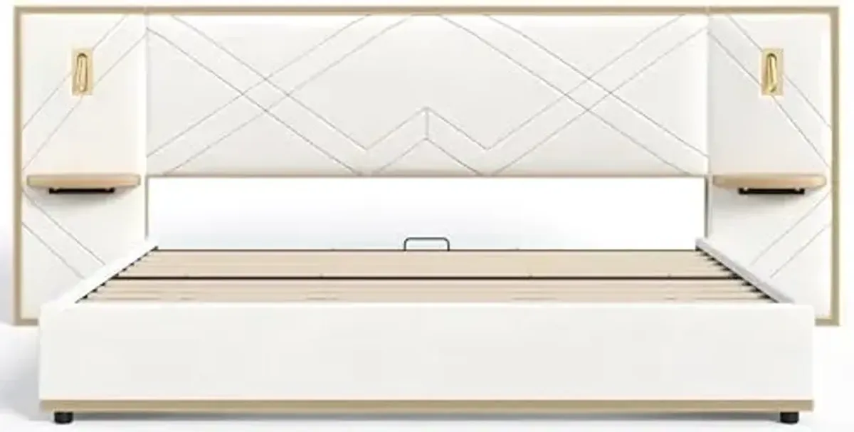 Christopher Knight Home Harley Upholstered King Size Bed Frame with LED Lights and Side Panels, Velvet Bed Frame King Size with Headboard, Wooden Slats, Easy Assembly, No Box Spring Needed, Beige