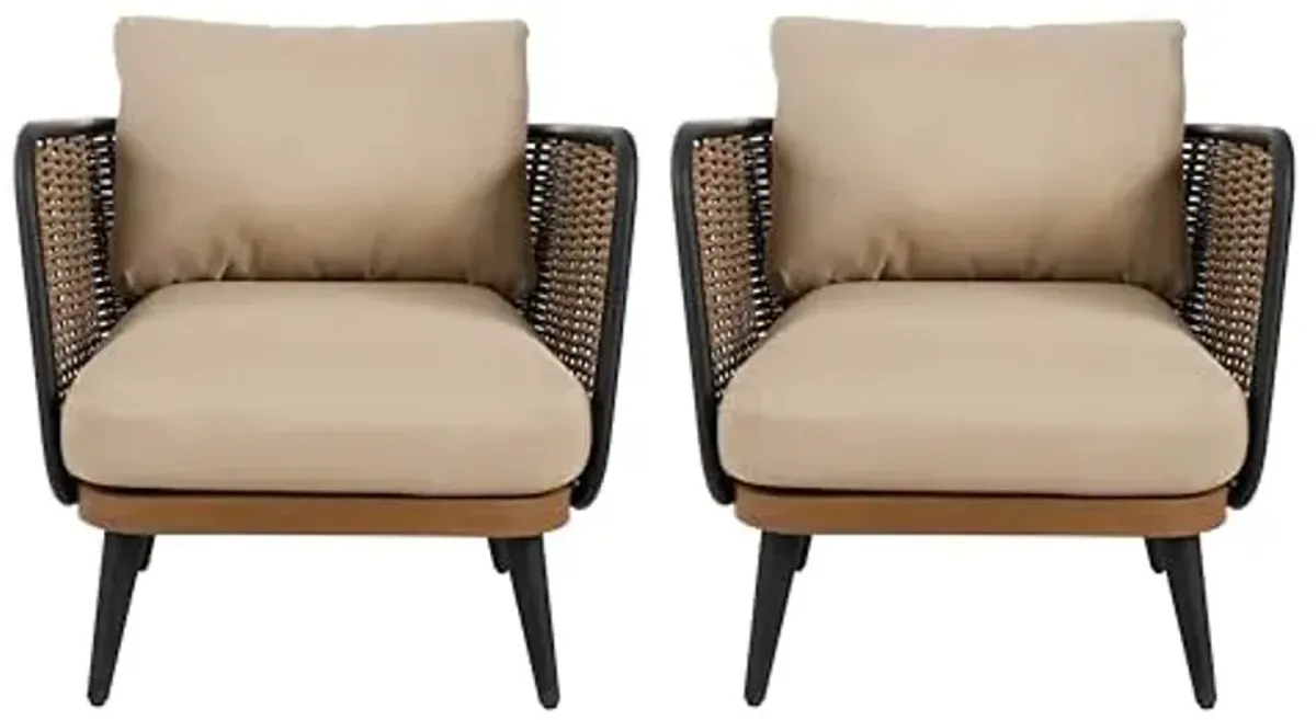 Christopher Knight Home Xayah Patio Wicker Accent Chair Set of 2, Outdoor Lounge Chair with Water-Resistant Cushion, Woven Faux Rattan Backrest & Armrest, Sturdy Metal Frame Armchair, Brown + Khaki