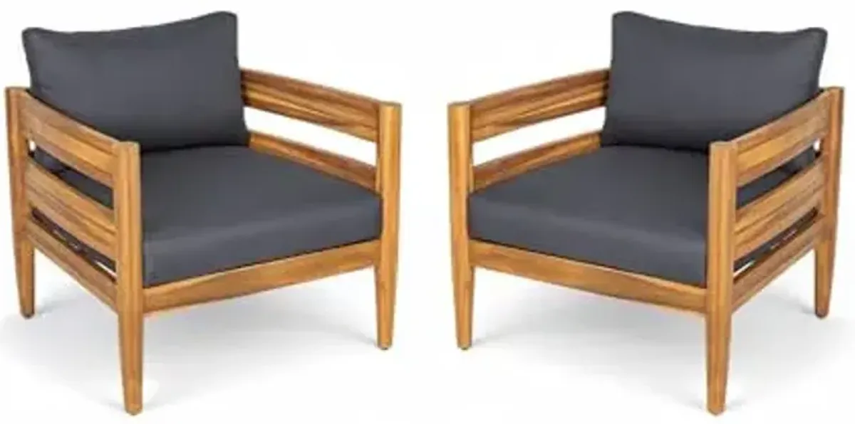 Christopher Knight Home Annie Acacia Wood Outdoor Chairs Set of 2, Patio Lounge Chair Outdoor with Slatted Back, Accent Chair with Cushions, Stylish Armchair for Balcony/Garden, Dark Gray + Teak