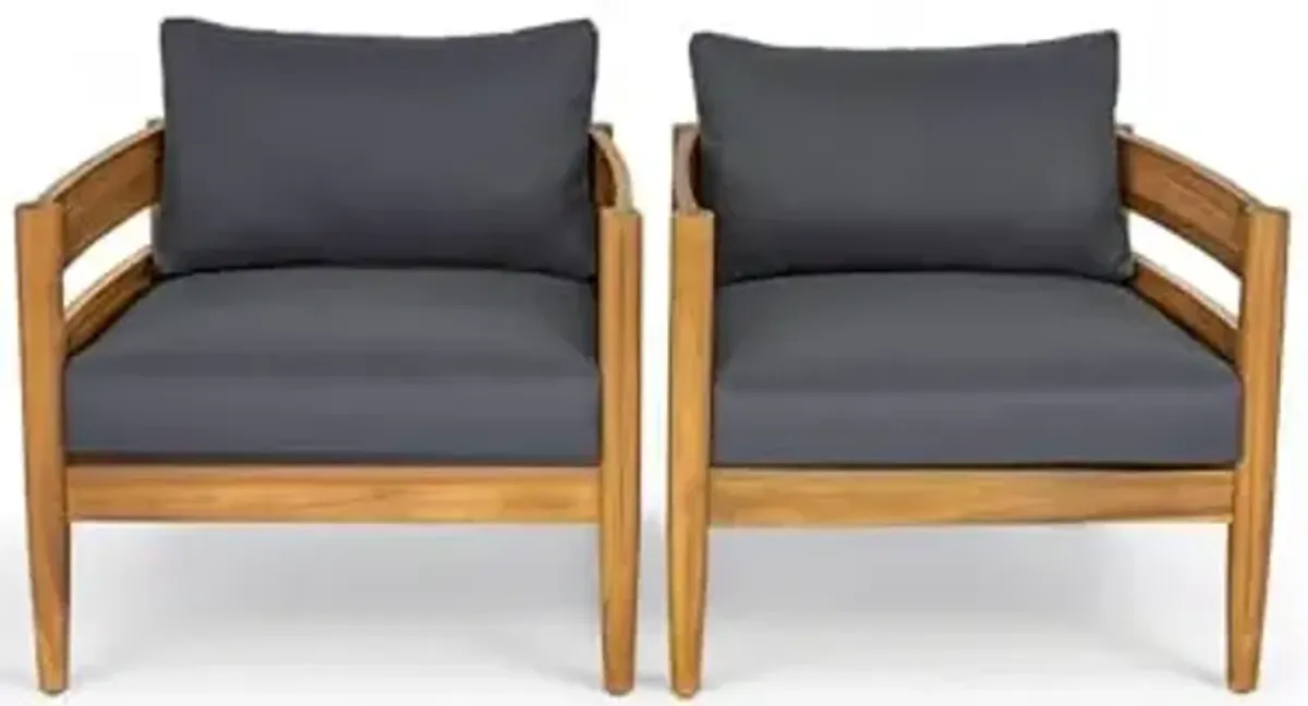 Christopher Knight Home Annie Acacia Wood Outdoor Chairs Set of 2, Patio Lounge Chair Outdoor with Slatted Back, Accent Chair with Cushions, Stylish Armchair for Balcony/Garden, Dark Gray + Teak