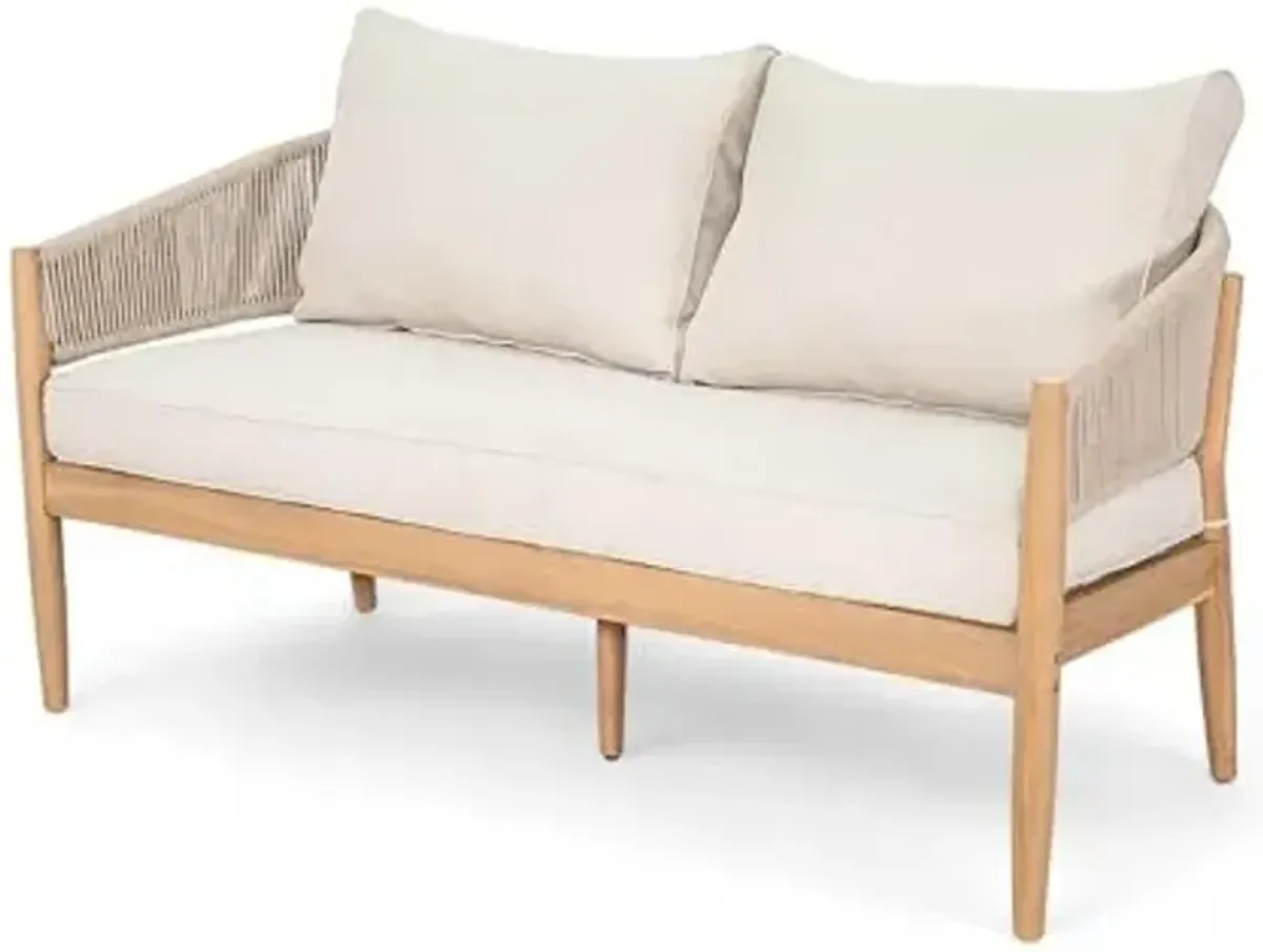 Christopher Knight Home Katarina Patio Acacia Wood Loveseat Furniture, Outdoor Loveseat Sofa with Comfy Fabric Cushions, 2-Seater Sofa with Handwoven Rope Backrest for Garden, Light Brown+Beige