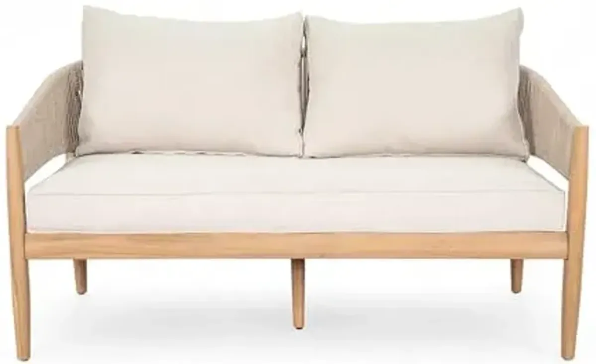 Christopher Knight Home Katarina Patio Acacia Wood Loveseat Furniture, Outdoor Loveseat Sofa with Comfy Fabric Cushions, 2-Seater Sofa with Handwoven Rope Backrest for Garden, Light Brown+Beige