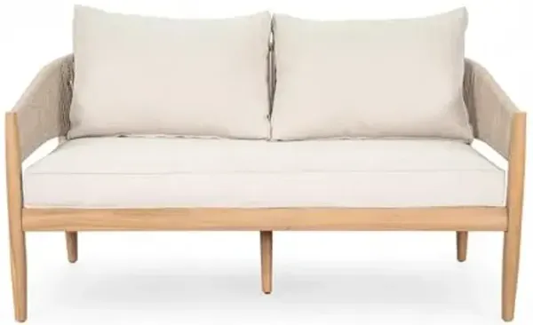 Christopher Knight Home Katarina Patio Acacia Wood Loveseat Furniture, Outdoor Loveseat Sofa with Comfy Fabric Cushions, 2-Seater Sofa with Handwoven Rope Backrest for Garden, Light Brown+Beige