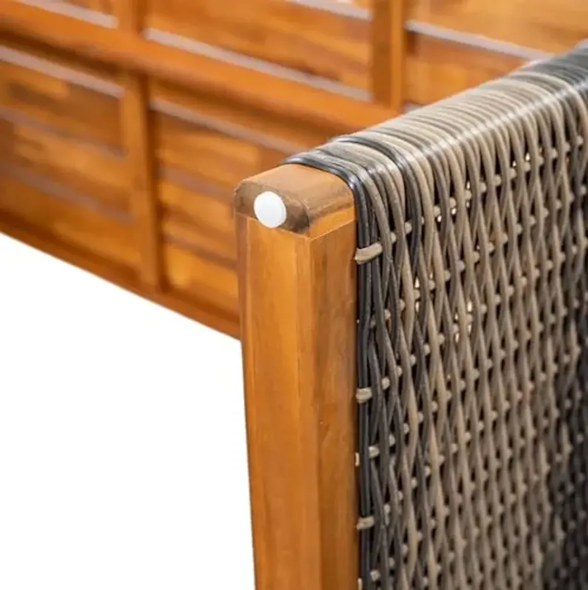 Christopher Knight Home Pasco Acacia Wood Outdoor Dining Table Set for 6, Wicker Patio Dining Set with Acacia Wood Table and Bench, Patio Table and Chair Set with Cushion+Rope Backrest,Black+Teak+Grey