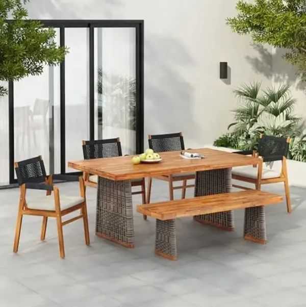 Christopher Knight Home Pasco Acacia Wood Outdoor Dining Table Set for 6, Wicker Patio Dining Set with Acacia Wood Table and Bench, Patio Table and Chair Set with Cushion+Rope Backrest,Black+Teak+Grey