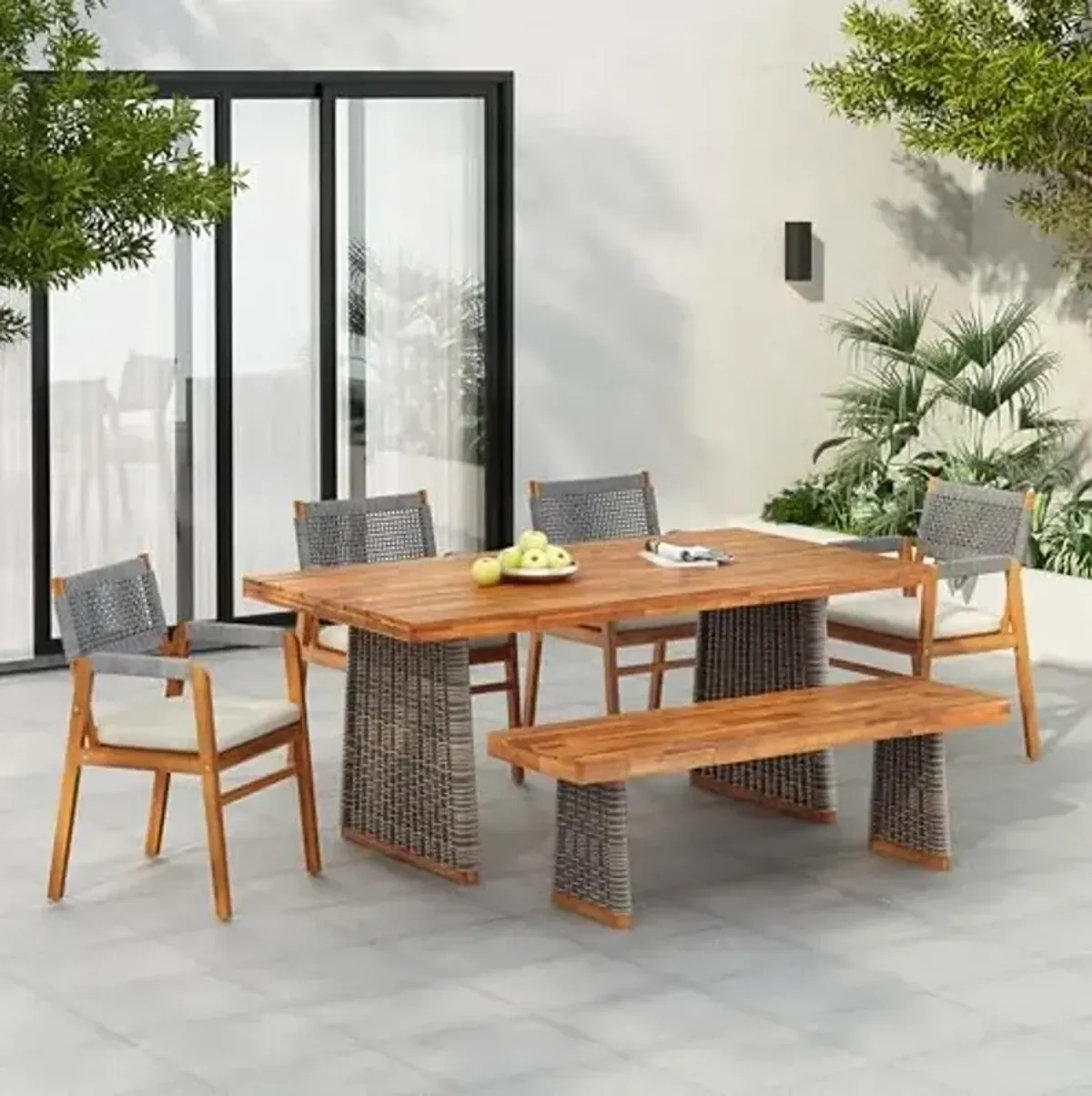 Christopher Knight Home Pasco Acacia Wood Outdoor Dining Table Set for 6, Wicker Patio Dining Set with Acacia Wood Table and Bench, Patio Table and Chair Set with Cushion+Rope Backrest, Teak+Grey