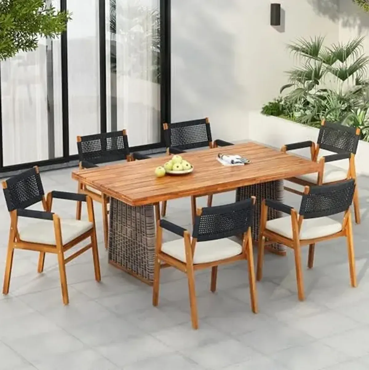 Christopher Knight Home Pasco Acacia Wood Outdoor Dining Table Set for 6, 7 Piece Wicker Patio Dining Set with Water-Resistant Cushion, Patio Table and Chairs Set with Rope Backrest, Black+Teak+Grey