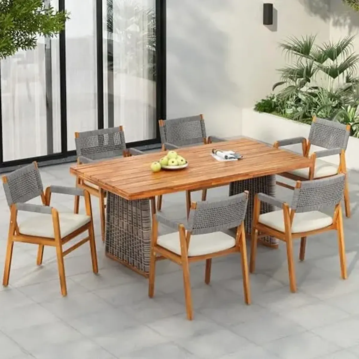 Christopher Knight Home Pasco Acacia Wood Outdoor Dining Table Set for 6, 7 Piece Wicker Patio Dining Set with Water-Resistant Cushion, Patio Table and Chairs Set with Rope Backrest, Grey+Teak