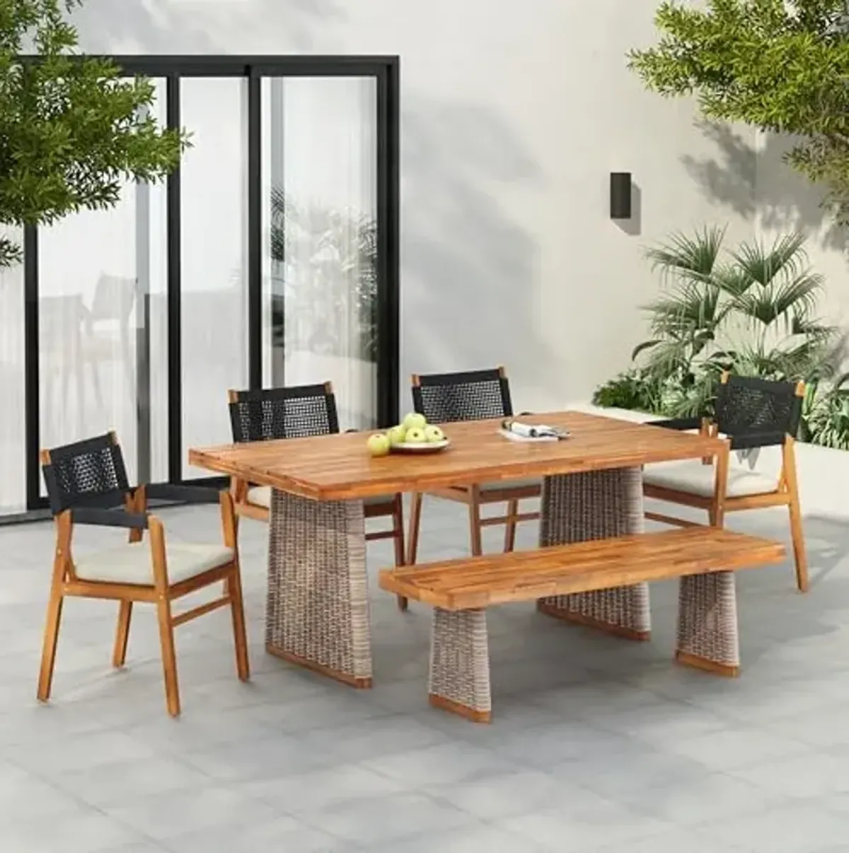 Christopher Knight Home Pasco Acacia Wood Outdoor Dining Table Set for 6, Wicker Patio Dining Set with Acacia Wood Table and Bench, Patio Table and Chair Set with Cushion+Rope Back, Black+Teak+Brown