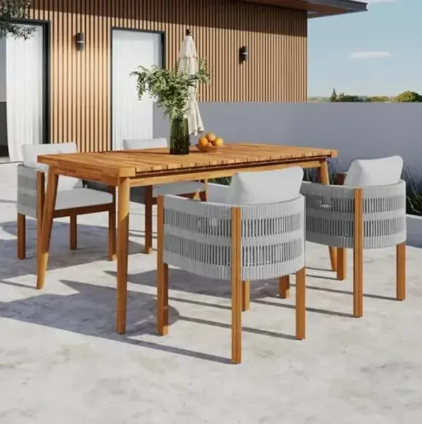 Christopher Knight Home Mel 5 Pieces Acacia Wood Dining Table Set for 4, Outdoor Dining Set, Slats Panel Rectangle Table, Dining Chairs Set of 4 with Cushions and Rope-Wrapped Arm, Teak+Grey