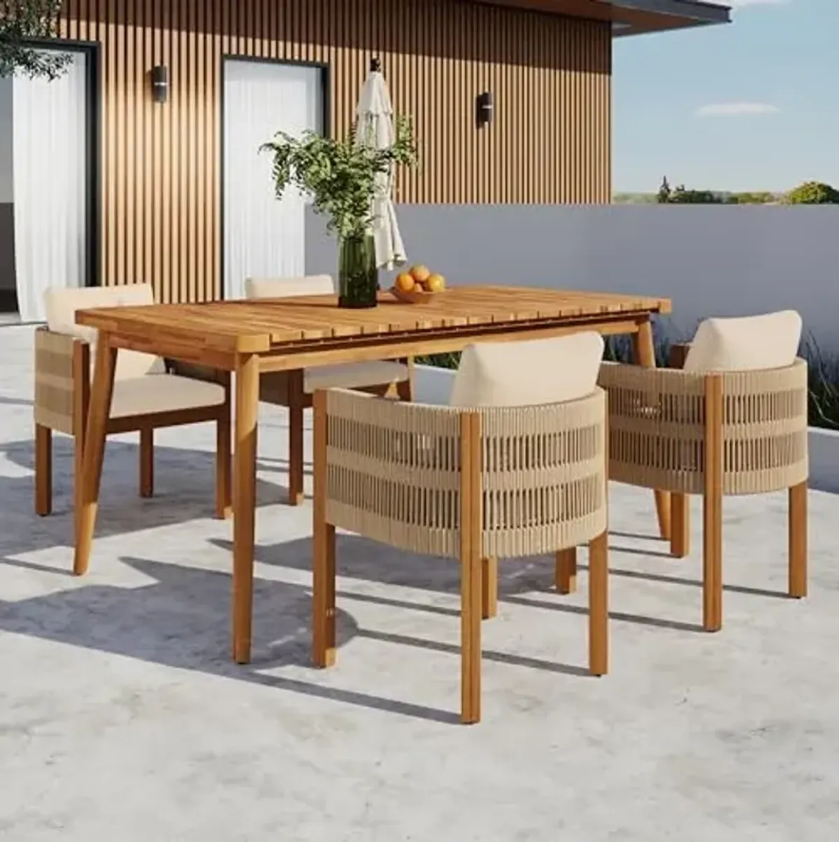 Christopher Knight Home Mel 5 Pieces Acacia Wood Dining Table Set for 4, Outdoor Dining Set, Slats Panel Rectangle Table, Dining Chairs Set of 4 with Cushions and Rope-Wrapped Arm, Teak+Beige+Brown