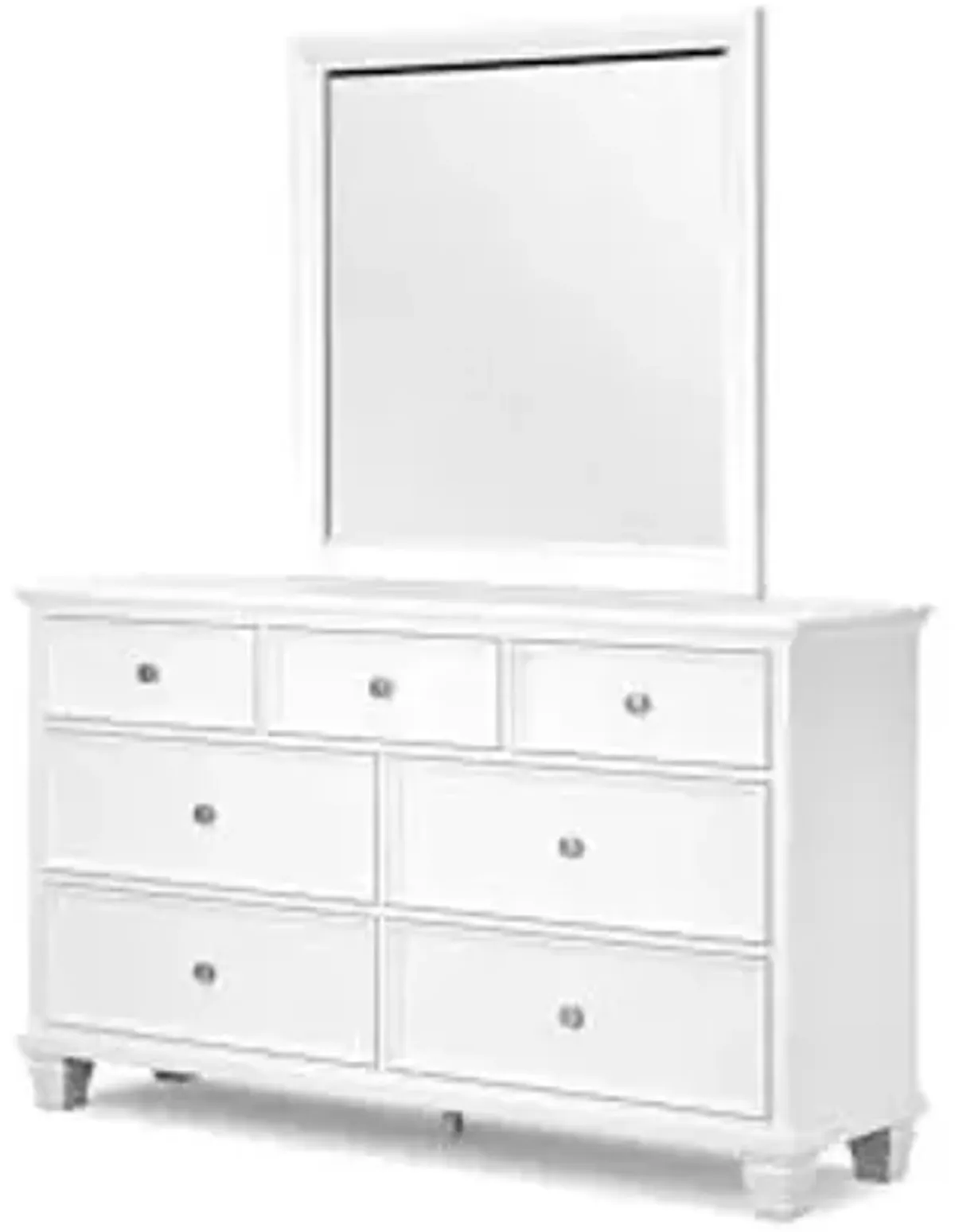 Signature Design by Ashley Fortman Casual Dresser and Mirror, Tapered Feet, 7 Storage Drawers, Round Satin Nickel Metal Knobs, Wood, 74.13" High, White