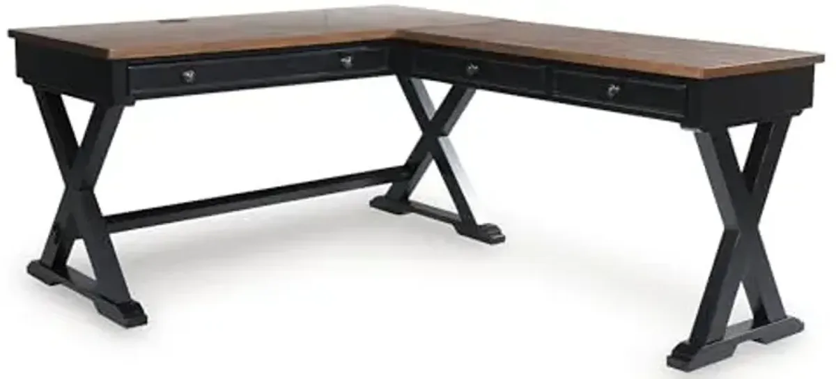 Signature Design by Ashley Wildenauer Casual 3-Drawer Home Office Desk and Return with Drop-Down Keyboard Tray and Cord Management, L-Shaped Desk, Wood, Mango Wood Veneer, Light Brown & Black