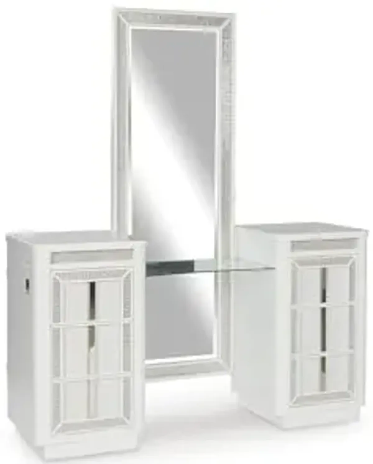 Signature Design by Ashley Chalanna Modern 6-Drawer Vanity with Mirror with Safety Stop, Felt-Lined Top Drawer and LED Lights, White