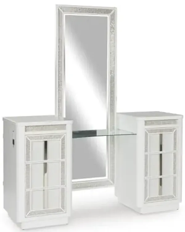 Signature Design by Ashley Chalanna Modern 6-Drawer Vanity with Mirror with Safety Stop, Felt-Lined Top Drawer and LED Lights, White