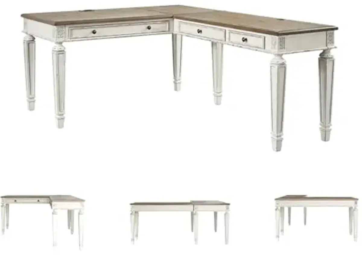 Signature Design by Ashley Realyn French Country 3-Drawer 2-Piece Home Office Desk with Spring Lift Top, USB Ports and AC Plug-Ins, Dark Brown & White