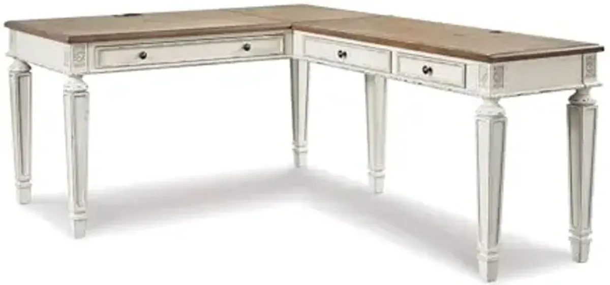 Signature Design by Ashley Realyn French Country 3-Drawer 2-Piece Home Office Desk with Spring Lift Top, USB Ports and AC Plug-Ins, Dark Brown & White