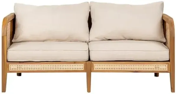 Christopher Knight Home Tilden Acacia Wood Outdoor Loveseat, 2-Seater Patio Furniture Sofa with Wicker Accent, Wooden Patio Sofa Couch with Armrest+Cushions, Comfy Lounging/Reading Chair, Teak+Beige