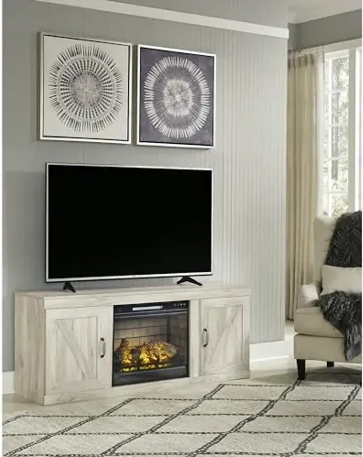 Signature Design by Ashley Bellaby Farmhouse 60" TV Stand with Electric Fireplace for TVs up to 69", Whitewash
