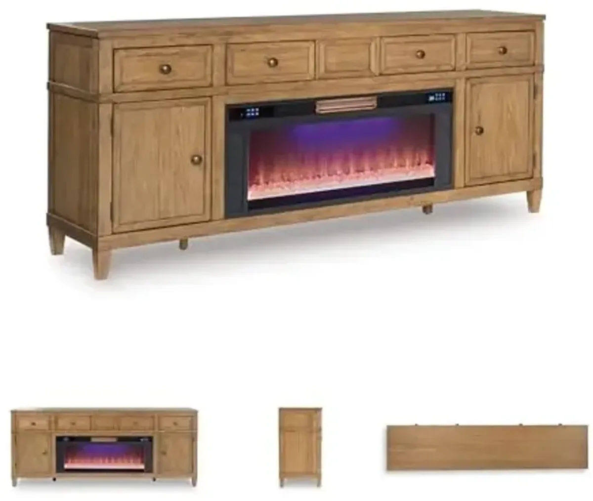 Signature Design by Ashley Sharlance Casual TV Stand with Electric Fireplace, Speakers with Wireless Connectivity, Heats Large Rooms, Wood, 81" Wide, Light Brown
