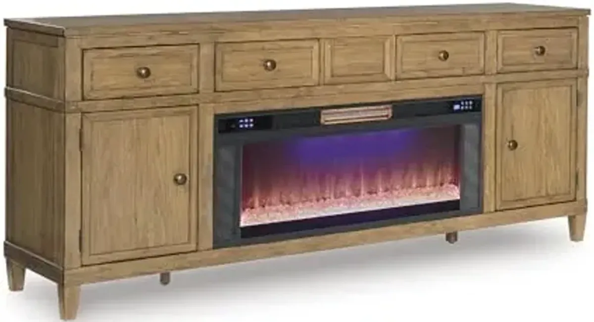 Signature Design by Ashley Sharlance Casual TV Stand with Electric Fireplace, Speakers with Wireless Connectivity, Heats Large Rooms, Wood, 81" Wide, Light Brown